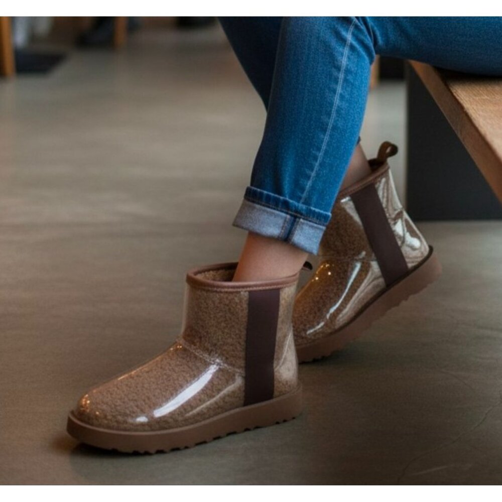 Clear Shearling-Lined Ankle Boots With Brown Trim & Rubber Sole For Women - Picture 10 of 11